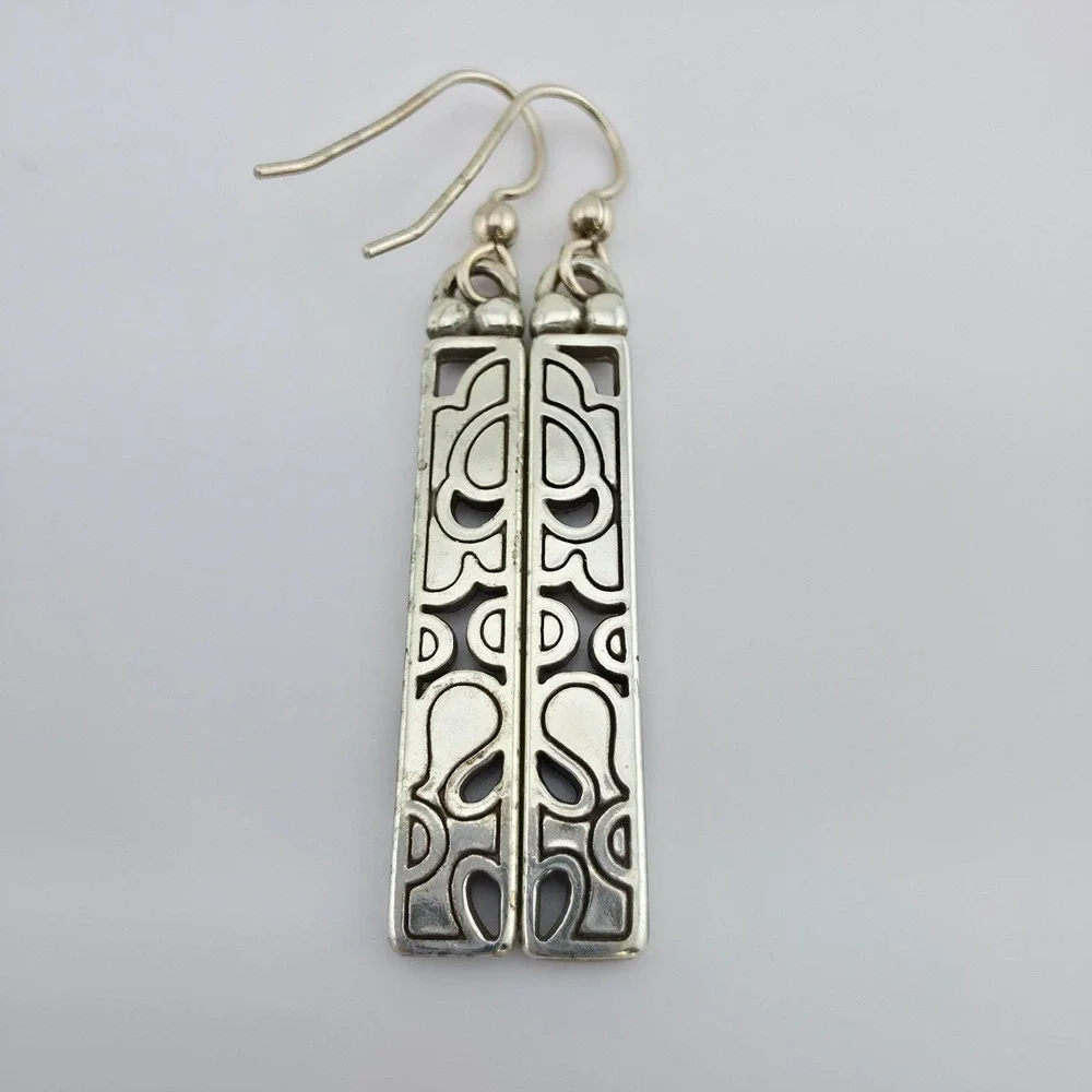 BRIGHTON 'Spring Hill' Earrings Black Cream Enamel Etched Drop Silver Plate 2